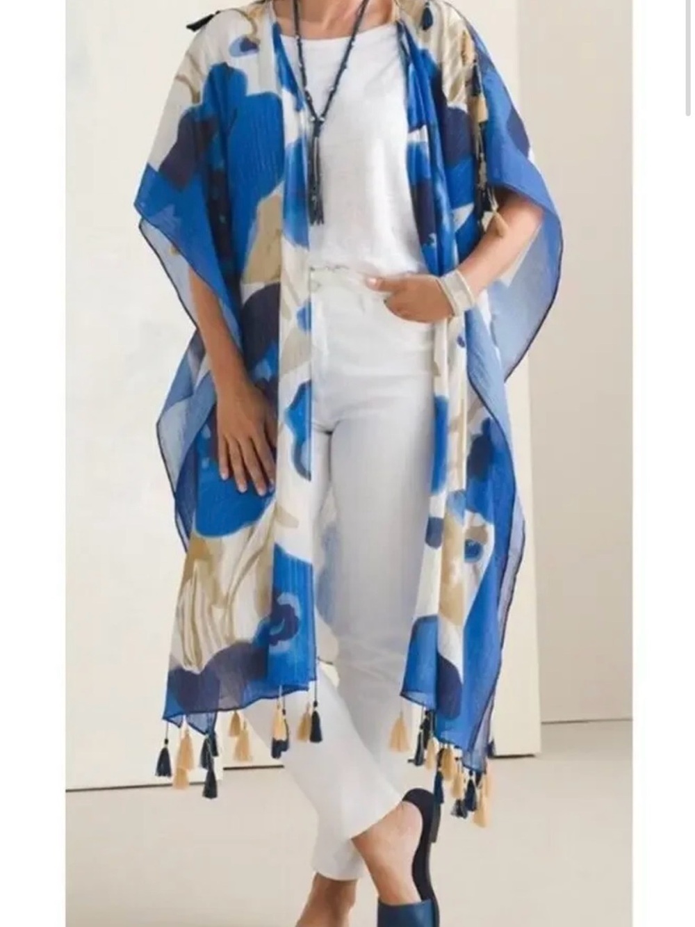 Aratta Blue & Cream Printed Kimono Cape with Tassel Trim